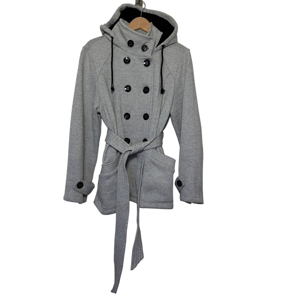 Sebby Double Breasted Hooded Trench Coat Belted Gray Herringbone XL Urban Chic - Picture 2 of 12